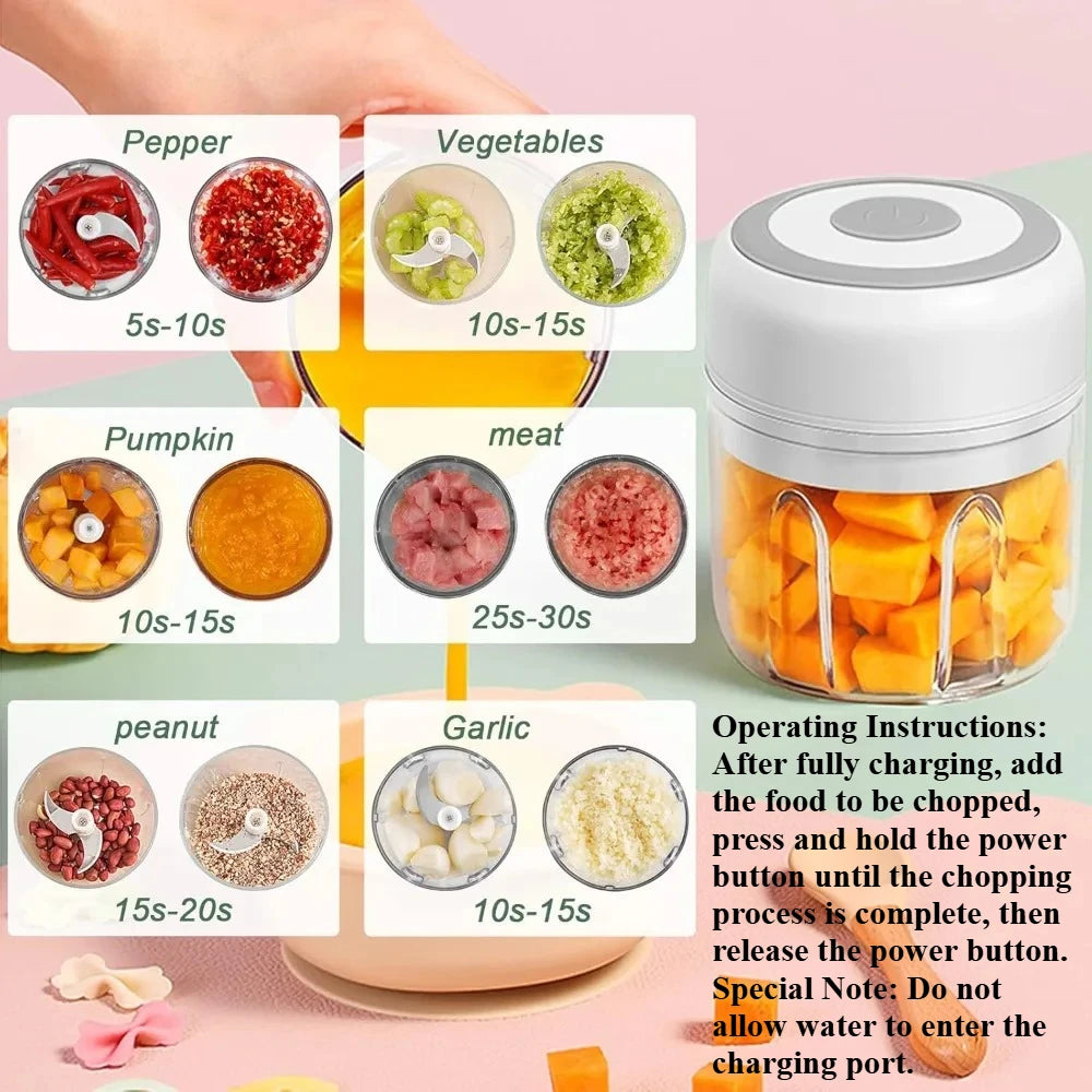 Picadora eléctrica de ajo 250ML, picadora de verduras, procesador de alimentos, mini picadora de ajo USB, picadora de cebolla portátil pequeña