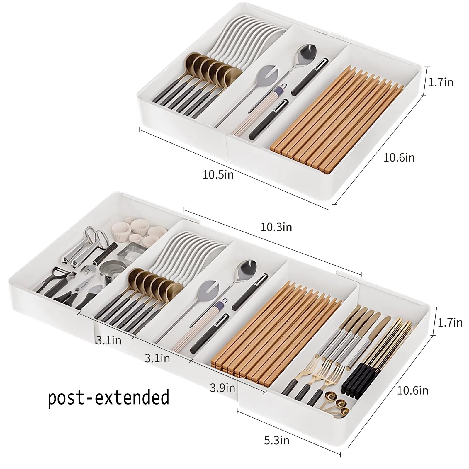Organizador de cajones, Bandeja de cubiertos para cajón de cocina, Utensilio expandible con compartimento, Soporte para cucharas, tenedores y cuchillos
