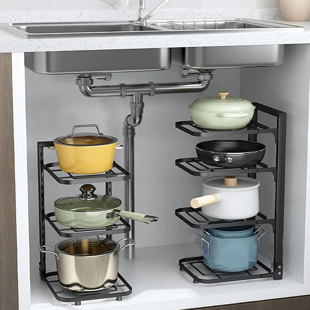 Soporte organizador de ollas y sartenes para debajo del armario, estante resistente para ollas y sartenes debajo del fregadero, organizadores y almacenamiento de utensilios de cocina de altura ajustable