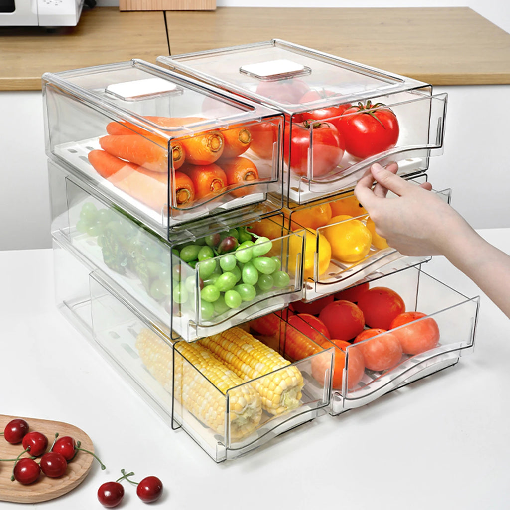 Organizador de nevera, Contenedores organizadores apilables para nevera Contenedores reutilizables de almacenamiento de alimentos Organizador de cajones de nevera para cocina doméstica