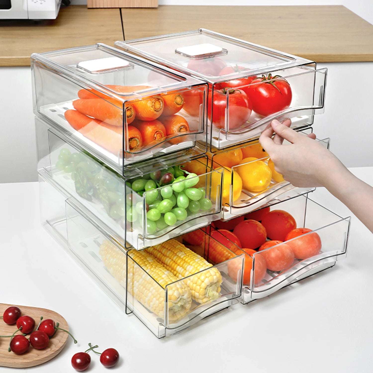 Organizador de nevera, Contenedores organizadores apilables para nevera Contenedores reutilizables de almacenamiento de alimentos Organizador de cajones de nevera para cocina doméstica