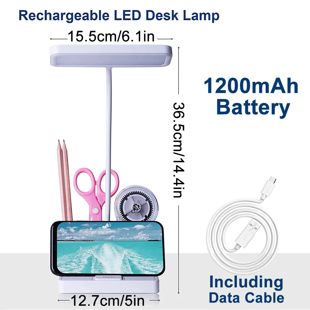 Rechargeable LED Desk Lamp with Pen Holder, Phone Stand & USB Charging