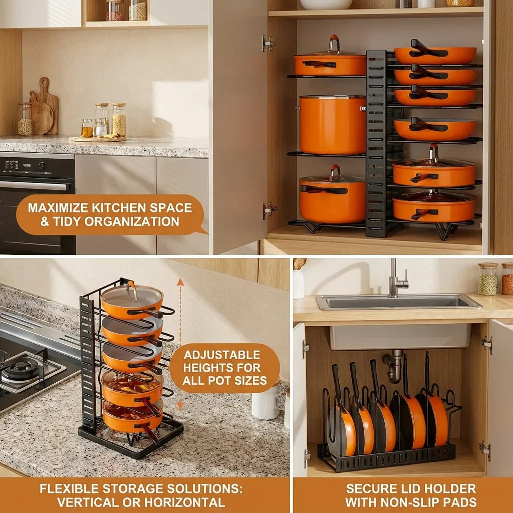 8-Tier Adjustable Pot & Pan Organizer Rack for Kitchen Cabinets