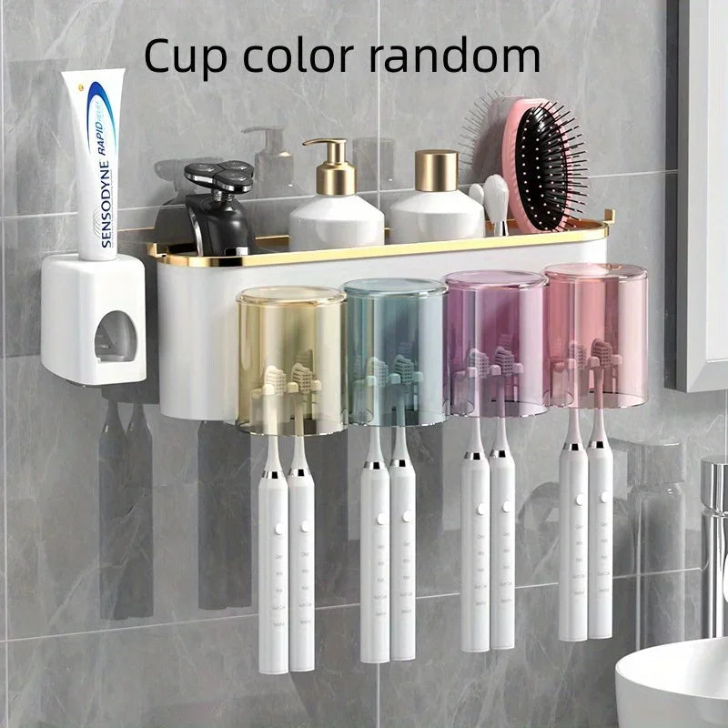 Wall-Mounted Toothbrush Holder with Toothpaste Squeezer & Cup