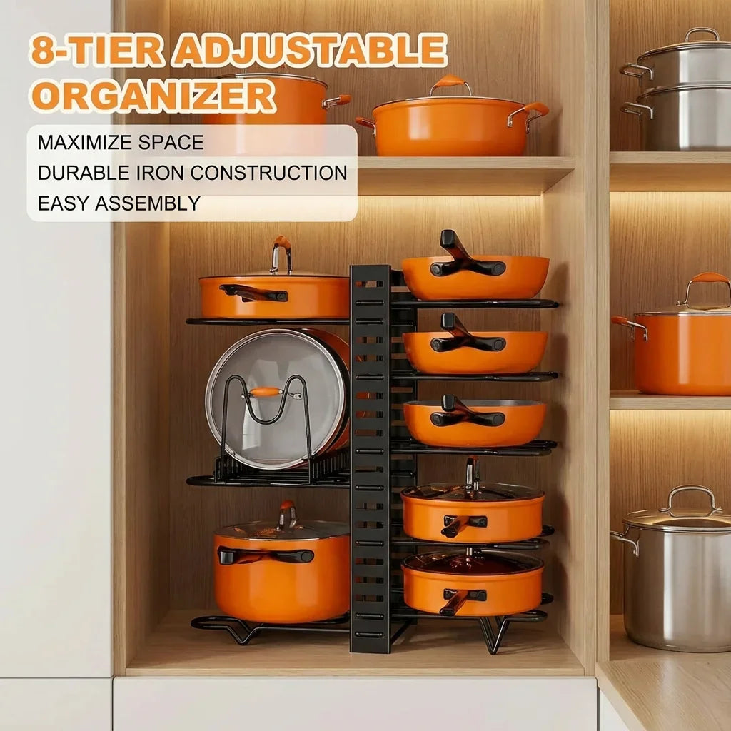 8-Tier Adjustable Pot & Pan Organizer Rack for Kitchen Cabinets