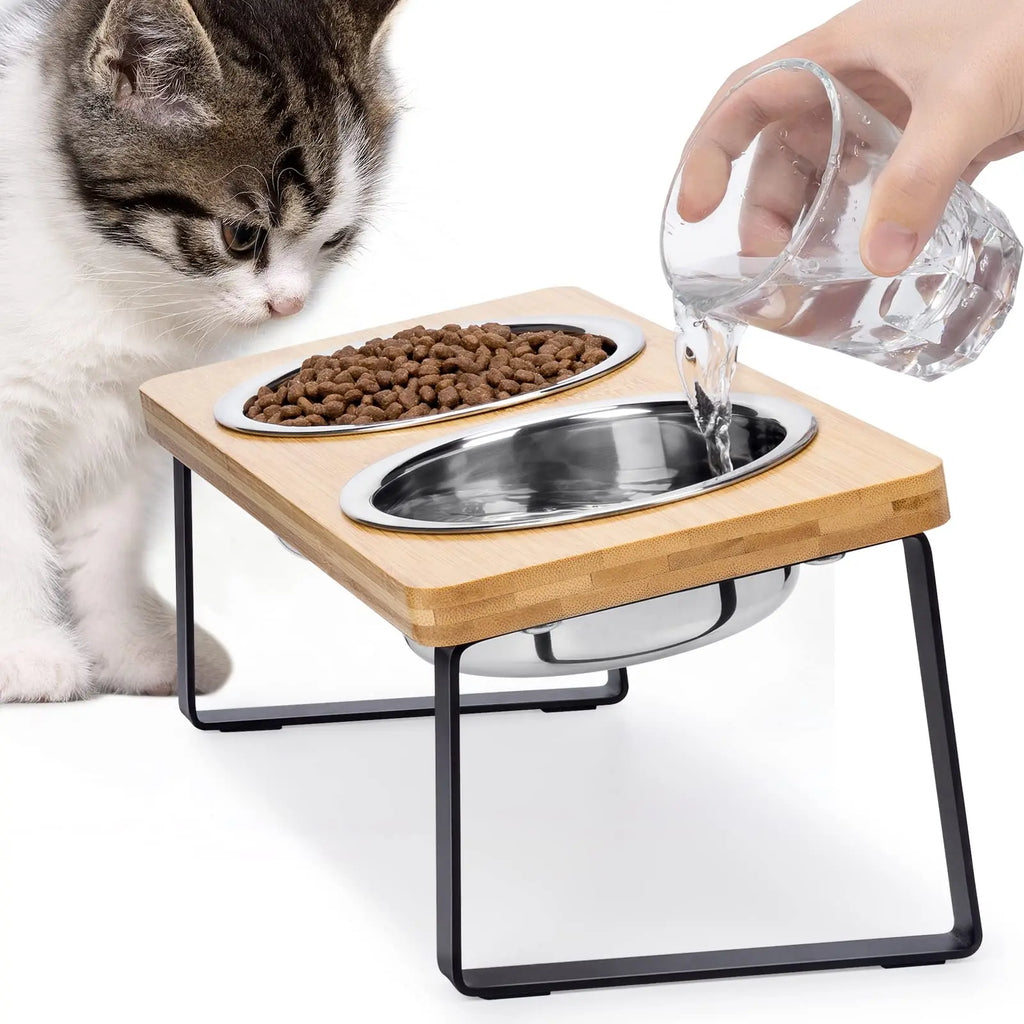 Elevated Cat Bowls with Wooden Stand – 15° Tilted Raised Stainless Steel Feeder for Cats & Puppies