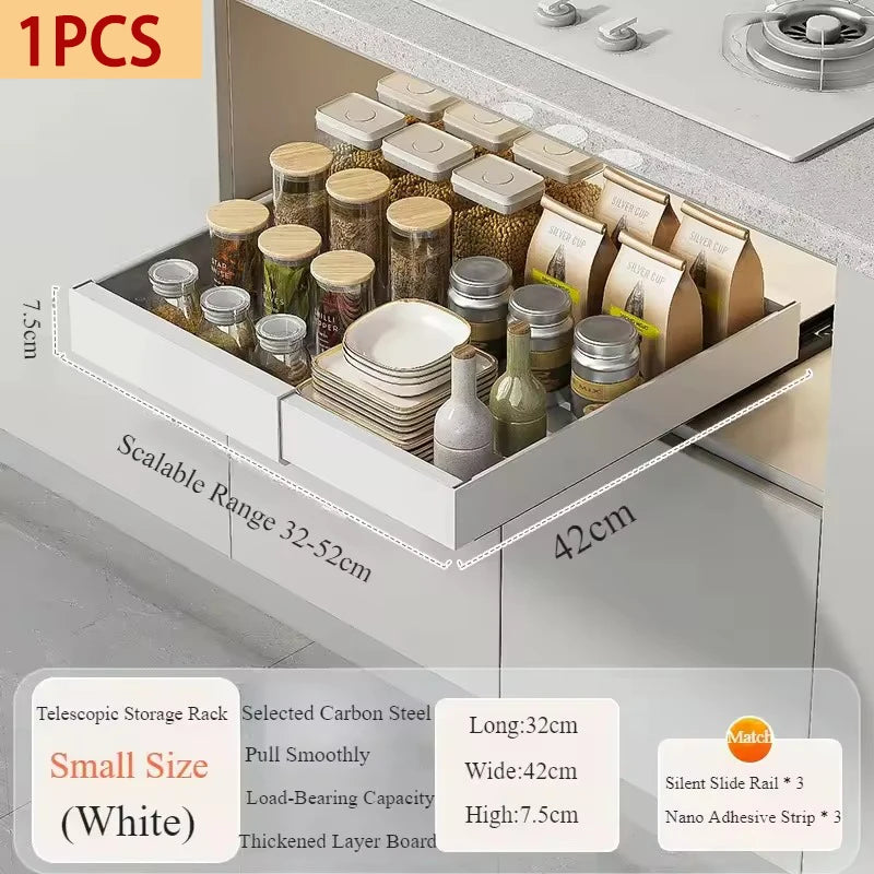 Expandable Pull-Out Cabinet Organizer with Adjustable Sliding Drawer