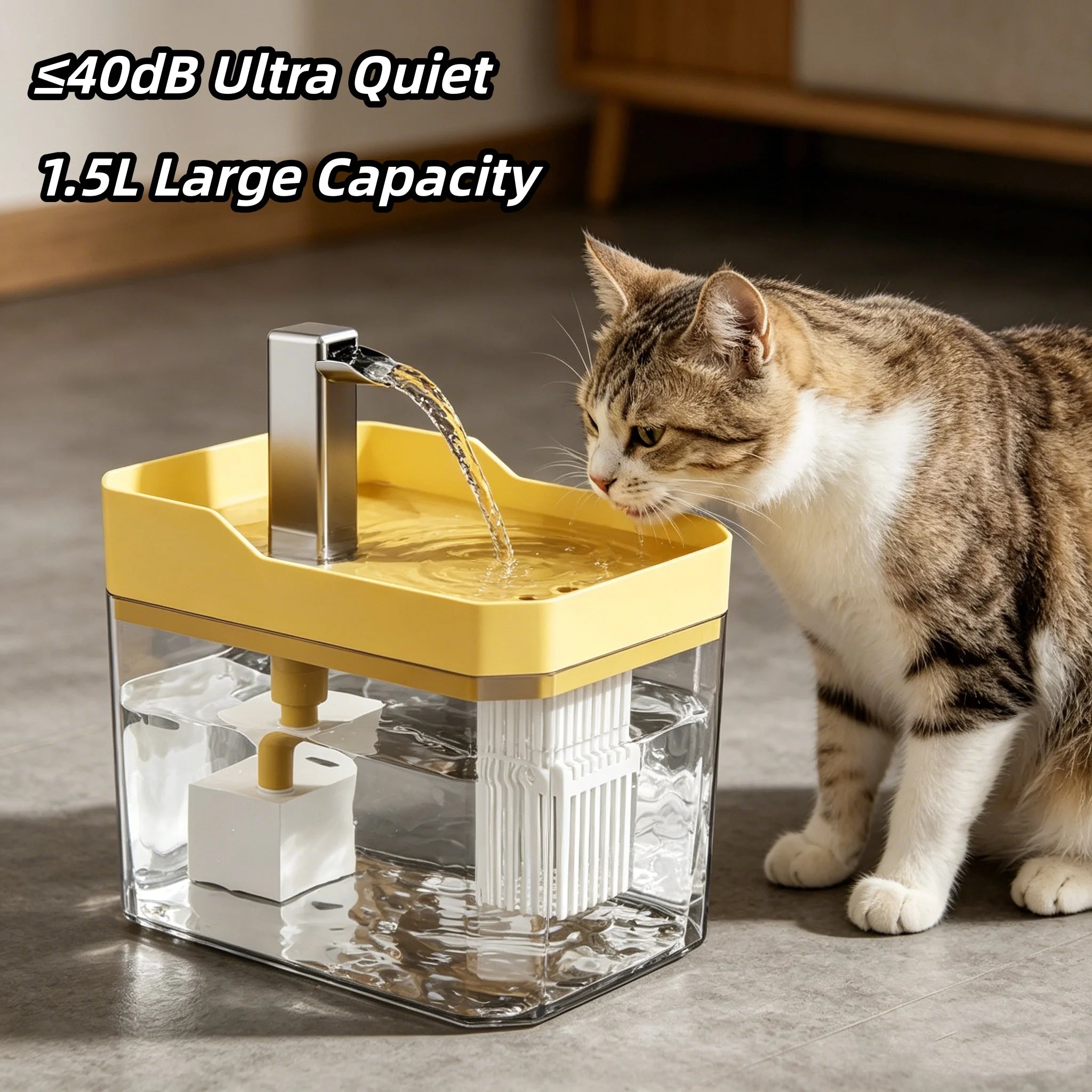 Fuente de agua para gatos de 1.5 L, dispensador de agua transparente para mascotas, filtro circulante ultra silencioso, apagado automático, fuente de agua para mascotas