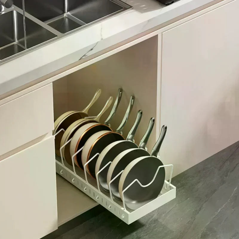 Organizador de ollas y sartenes bajo el gabinete, soporte deslizante para tapas de ollas, estante de almacenamiento de platos y sartenes deslizante y ajustable para cocina