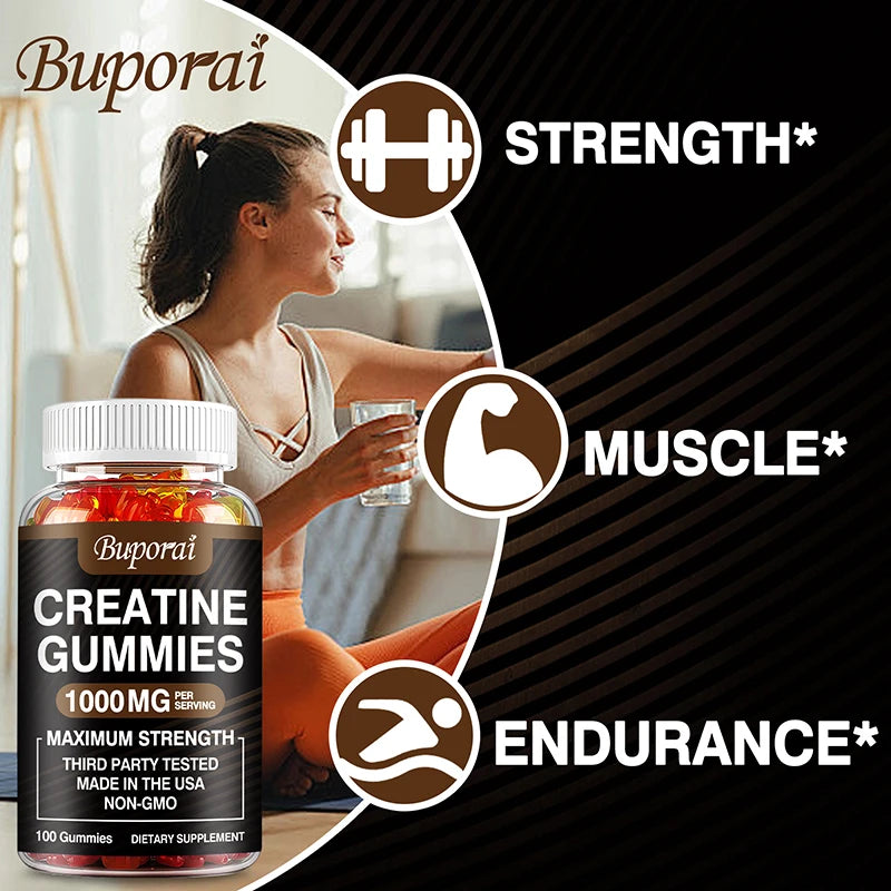 Creatine Monohydrate Gummies for Adults – Strawberry Flavor Supplement for Muscle Strength, Athletic Performance & Workout Support