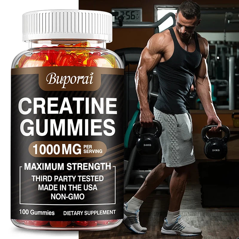 Creatine Monohydrate Gummies for Adults – Strawberry Flavor Supplement for Muscle Strength, Workout Performance & Recovery Support