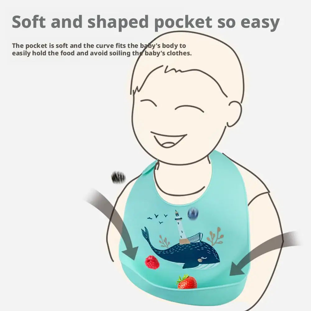 Children Silicone Baby Bib with Large Food Catcher – Waterproof Soft Feeding Bib with Cute Prints for Toddlers 1-3 Years