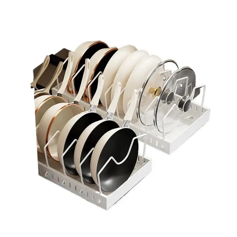 Organizador de ollas y sartenes bajo el gabinete, soporte deslizante para tapas de ollas, estante de almacenamiento de platos y sartenes deslizante y ajustable para cocina