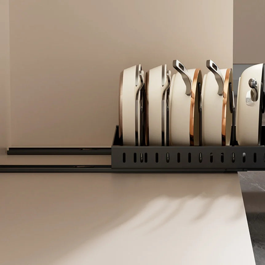 Organizador de ollas y sartenes bajo el gabinete, soporte deslizante para tapas de ollas, estante de almacenamiento de platos y sartenes deslizante y ajustable para cocina