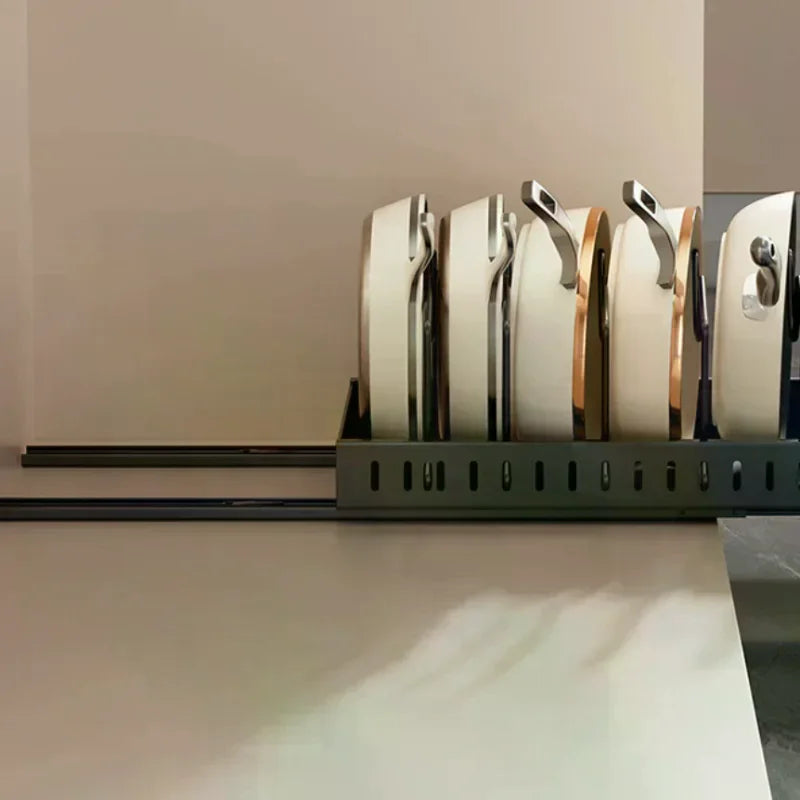 Organizador de ollas y sartenes bajo el gabinete, soporte deslizante para tapas de ollas, estante de almacenamiento de platos y sartenes deslizante y ajustable para cocina
