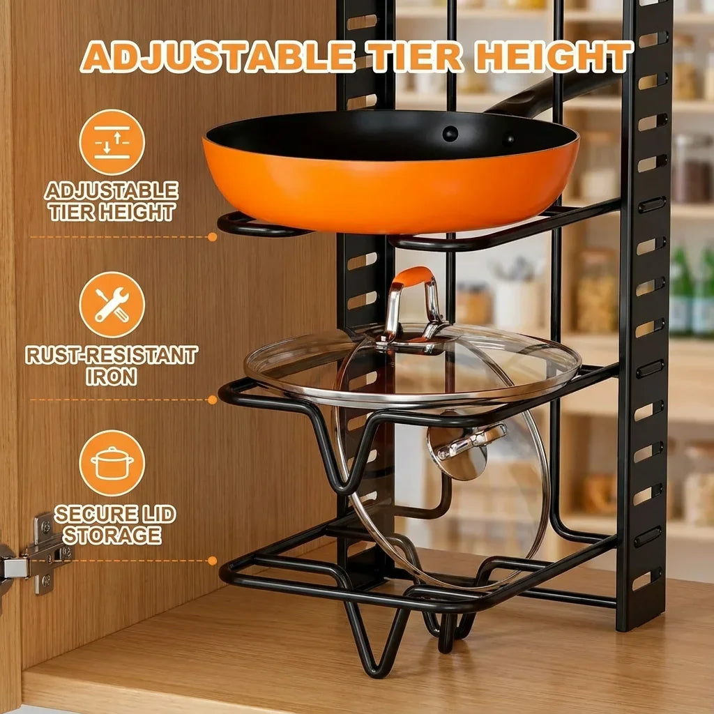 8-Tier Adjustable Pot & Pan Organizer Rack for Kitchen Cabinets