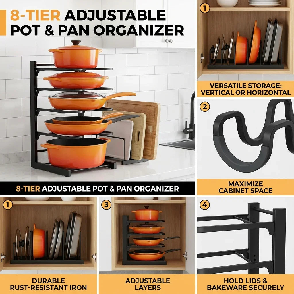 8-Tier Adjustable Pot & Pan Organizer Rack for Kitchen Cabinets