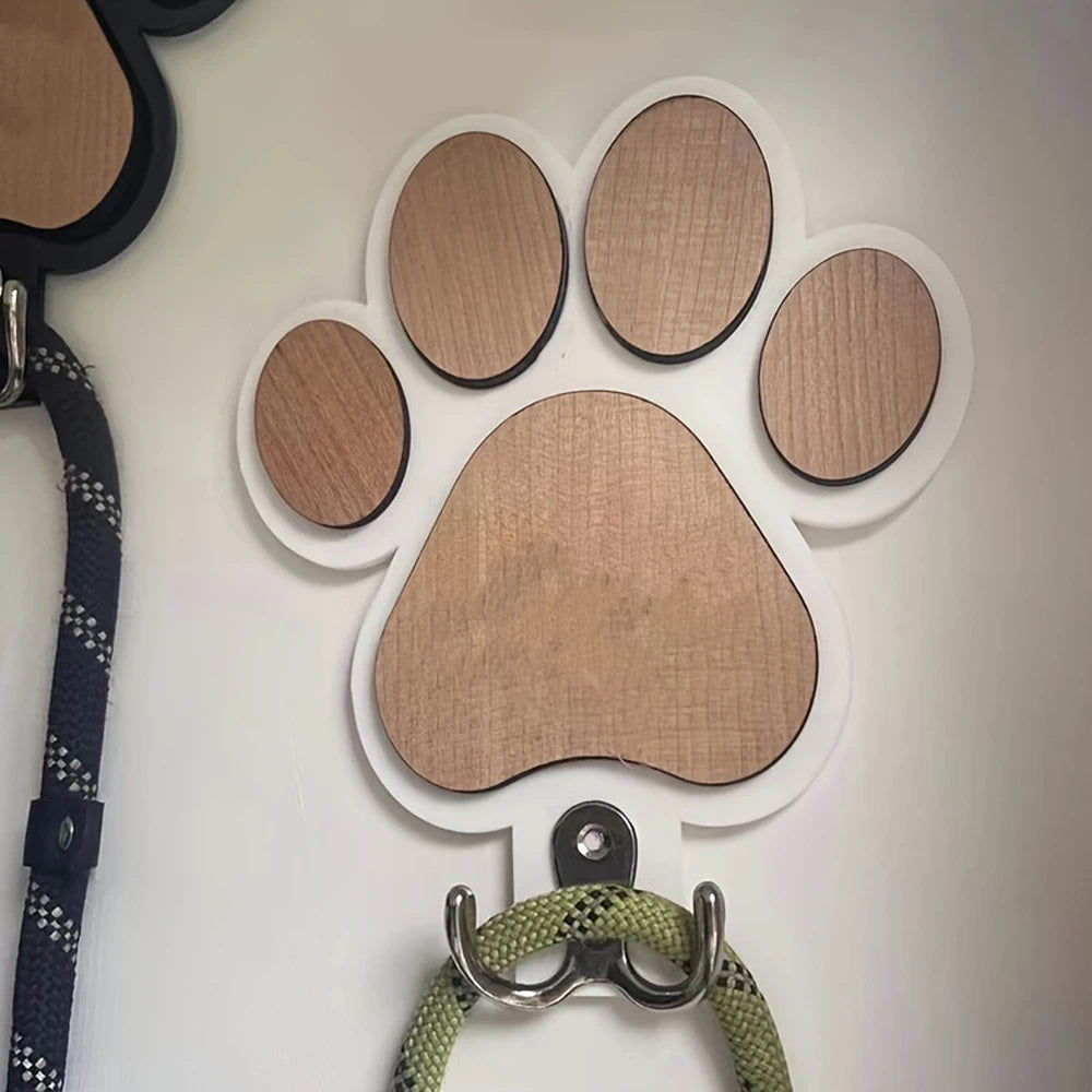 Wooden Dog Leash Holder Wall Hook – Paw Print Organizer for Leashes, Collars, Keys & Coats