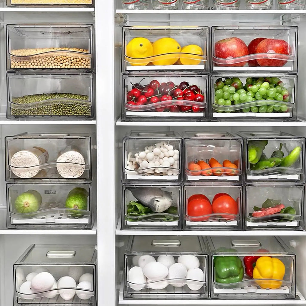 Organizador de nevera, Contenedores organizadores apilables para nevera Contenedores reutilizables de almacenamiento de alimentos Organizador de cajones de nevera para cocina doméstica