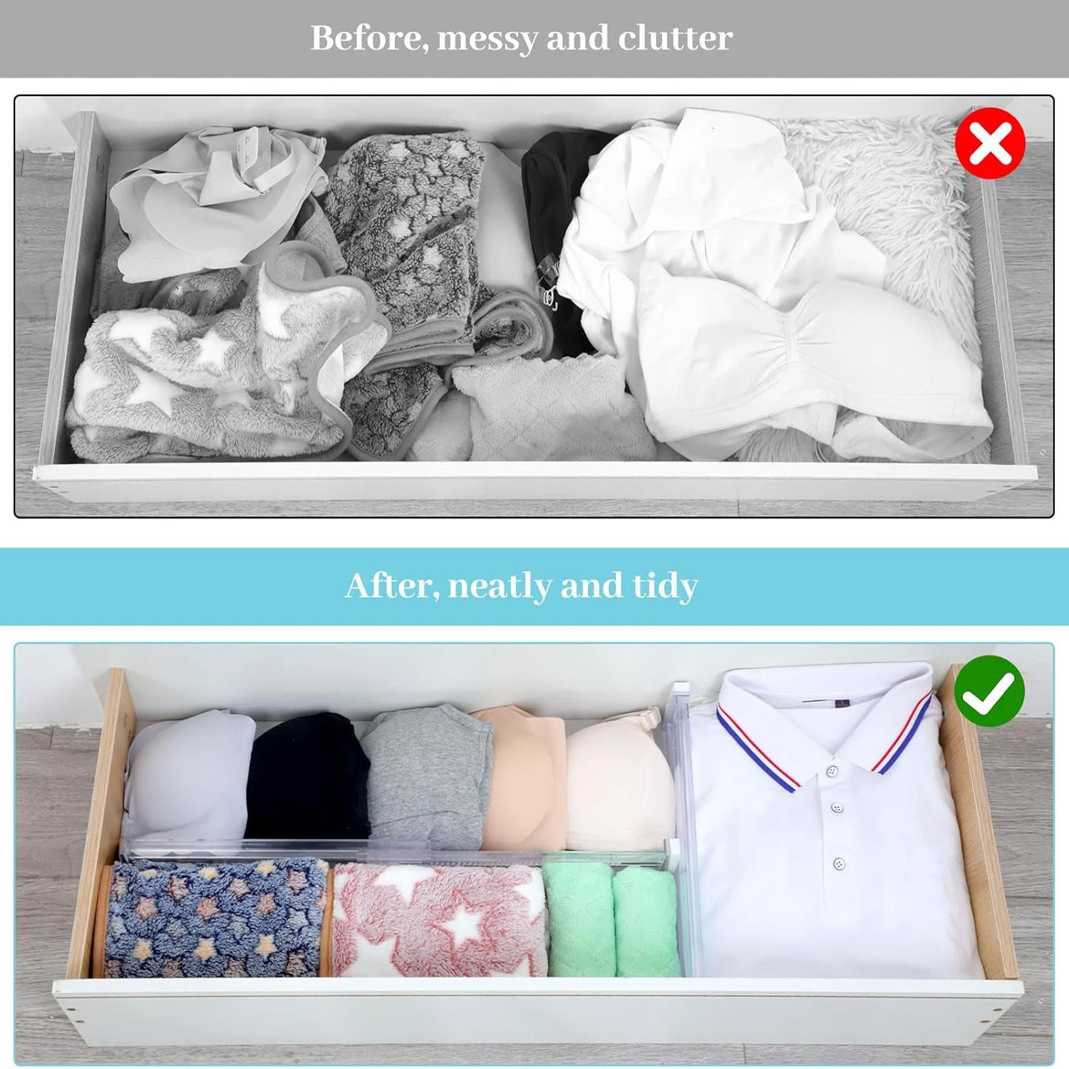 6 Pack Adjustable Drawer Dividers – Expandable Clear Drawer Organizer for Clothes, Kitchen Utensils, Tableware & Home Storage