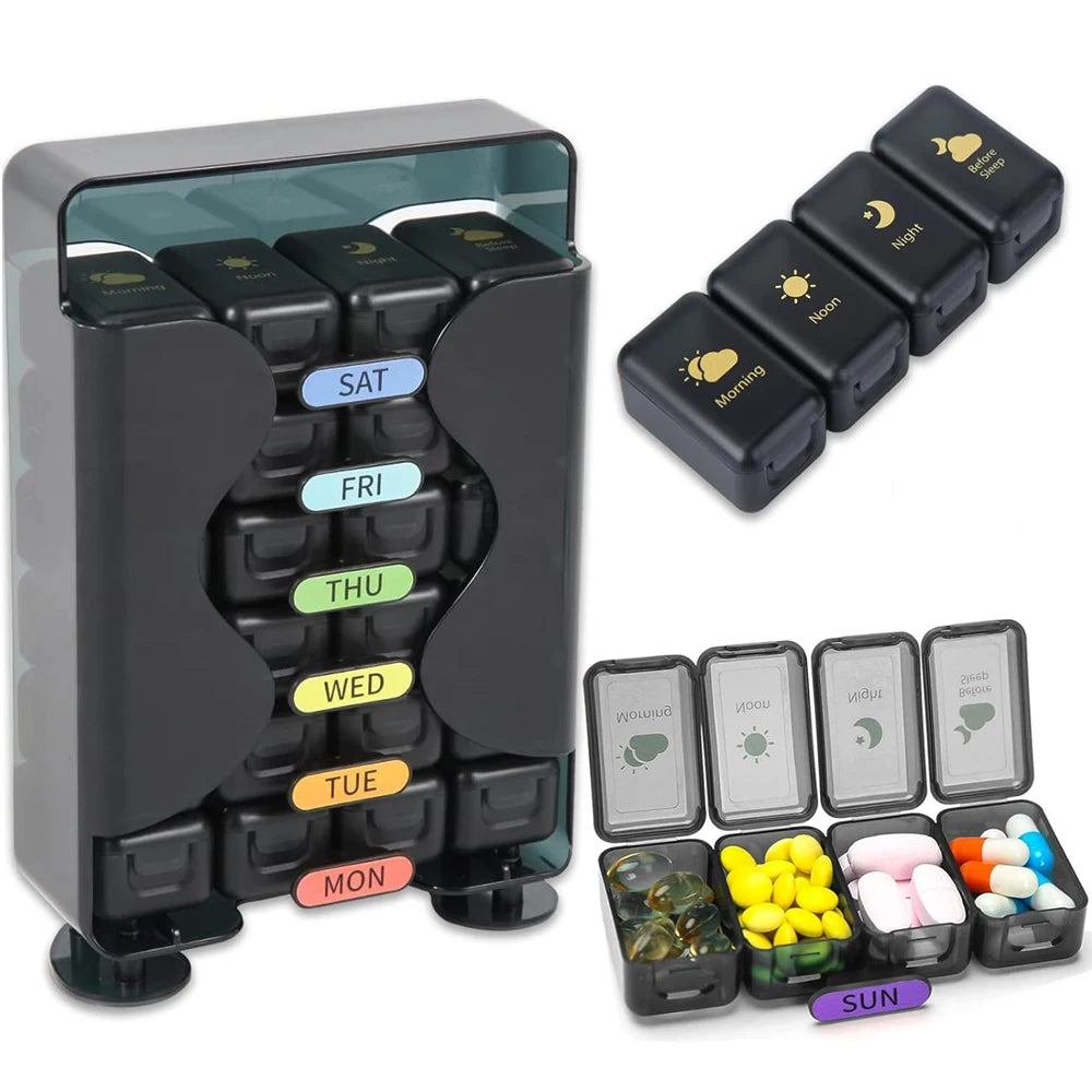 7-Day Weekly Pill Organizer – Large 4 Times a Day Medicine Box with Portable Daily Compartments for Vitamins & Supplements7-Day Weekly Pill Organizer – Large 4 Times a Day Medicine Box with Portable Daily Compartments for Vitamins & Supplements