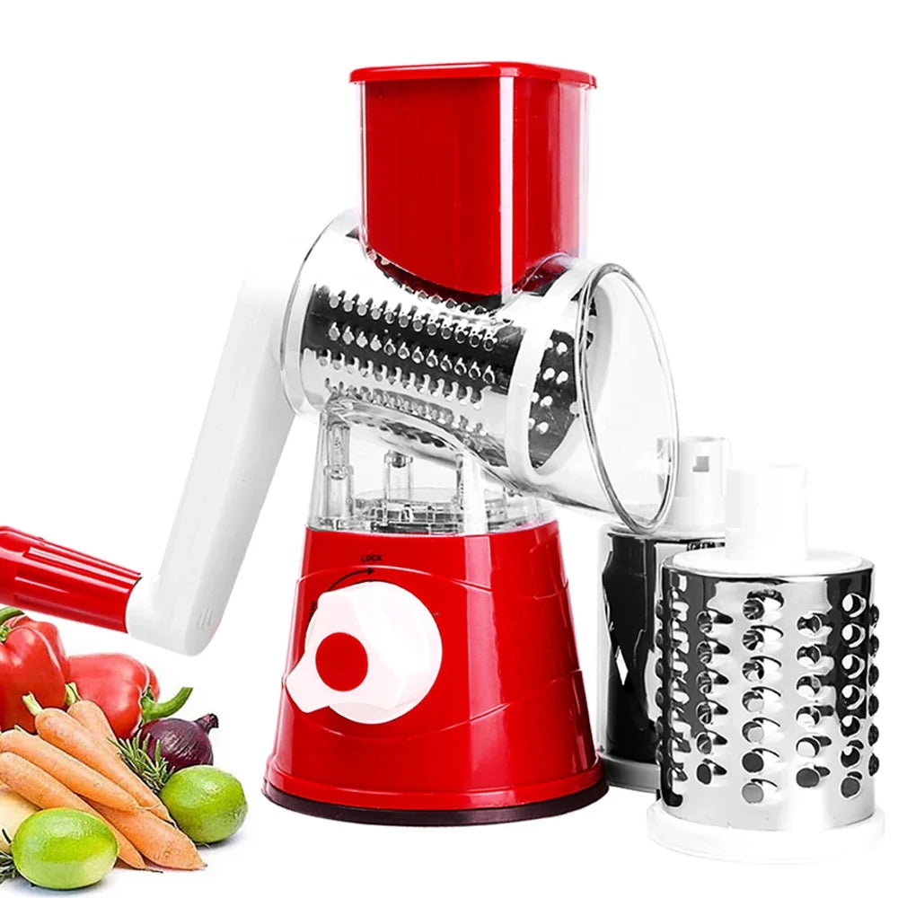 Cortador de Verduras Manual, Rallador de Queso Rotatorio, Rebanador Mandolina Redondo, Rallador con 3 Cuchillas de Acero Inoxidable, Accesorios de Cocina