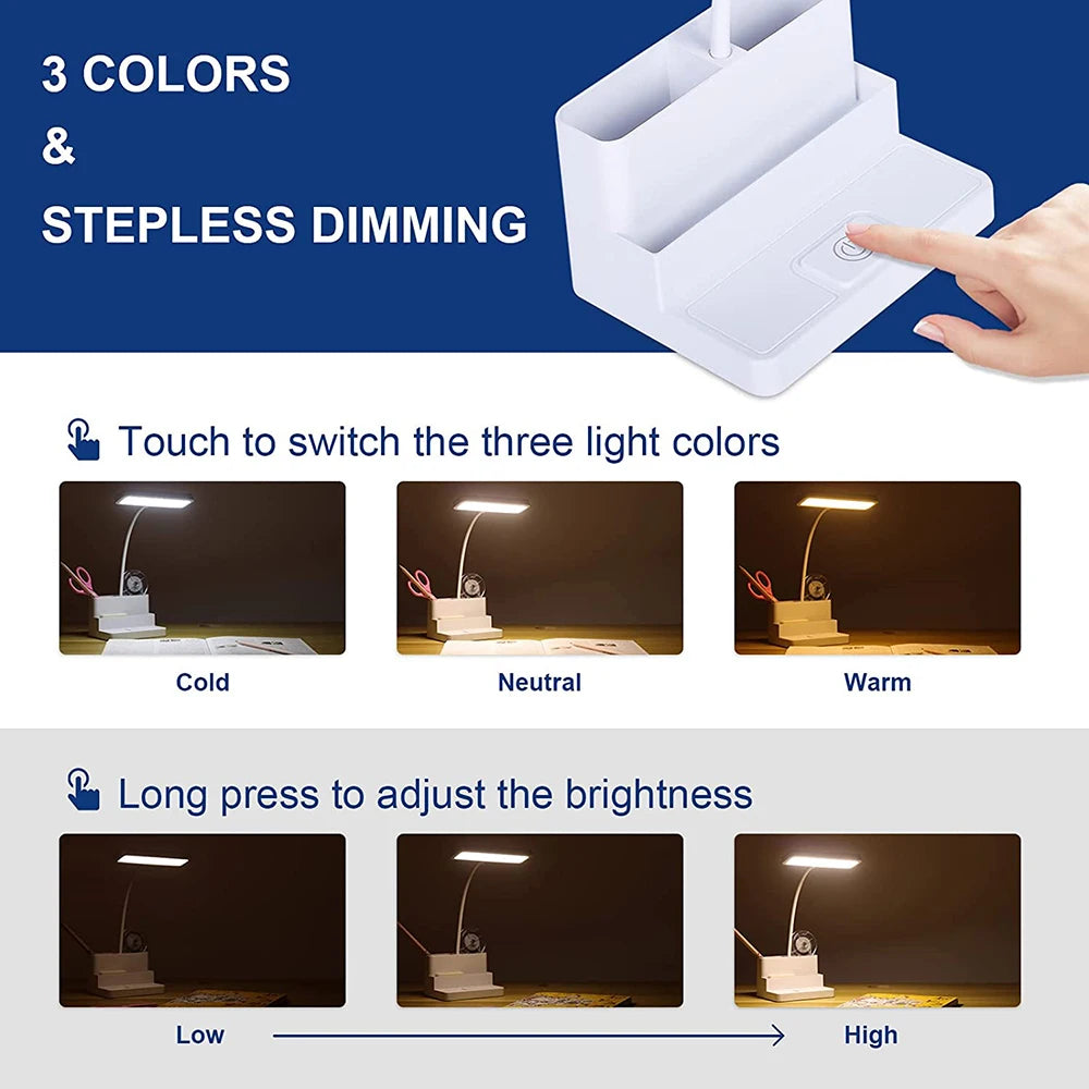 Rechargeable LED Desk Lamp with Pen Holder, Phone Stand & USB Charging