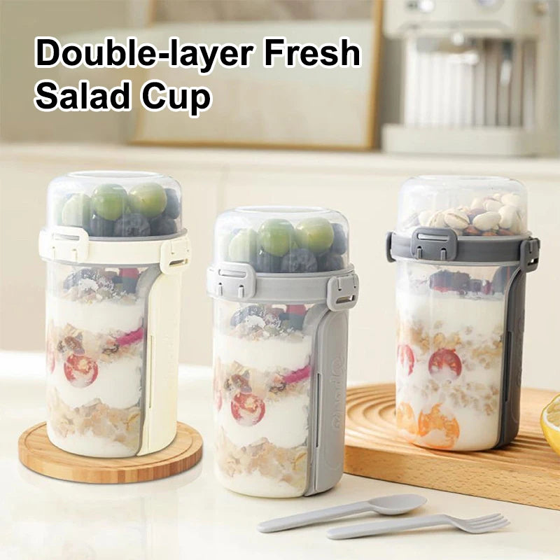 Portable Salad Cup with Fork & Spoon – Double Layer Fresh Keeping Meal Container for Salads, Fruits, Snacks & Yogurt
