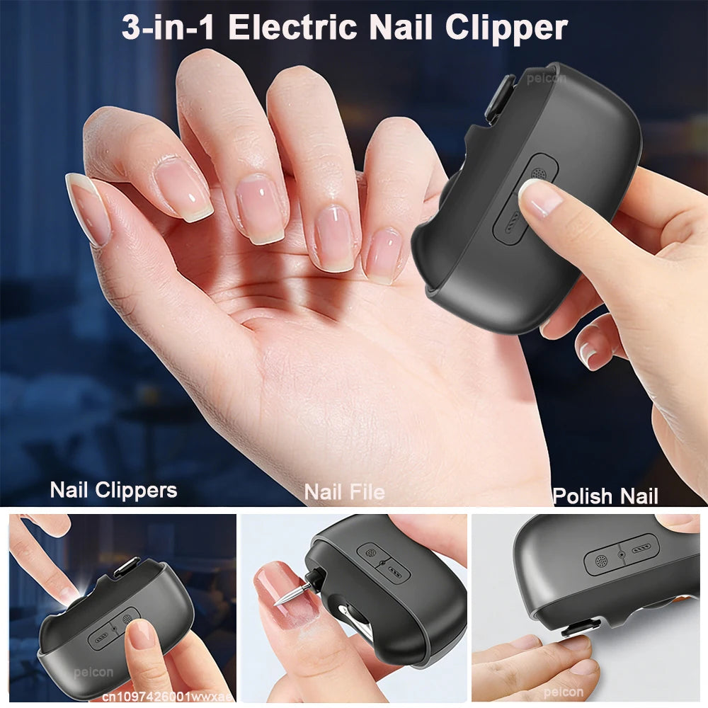 3-in-1 Electric Nail Clipper – USB Rechargeable Automatic Nail Trimmer, File & Polisher with LED Light