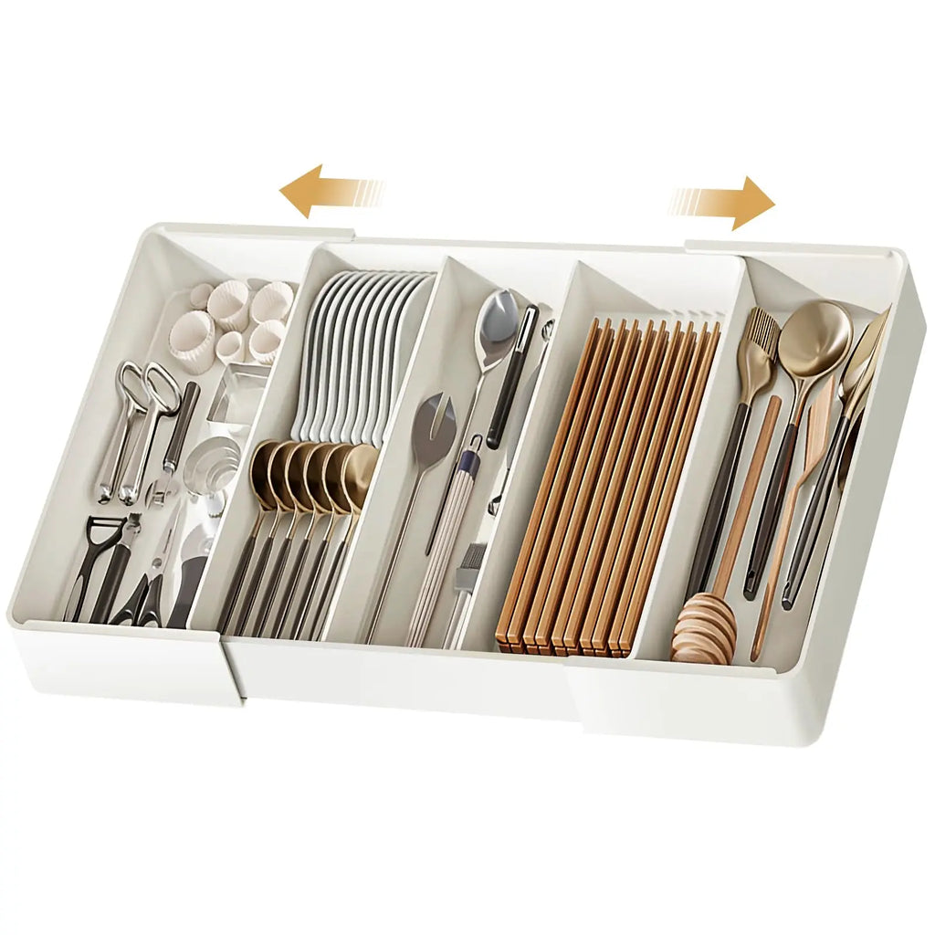 Organizador de cajones, Bandeja de cubiertos para cajón de cocina, Utensilio expandible con compartimento, Soporte para cucharas, tenedores y cuchillos