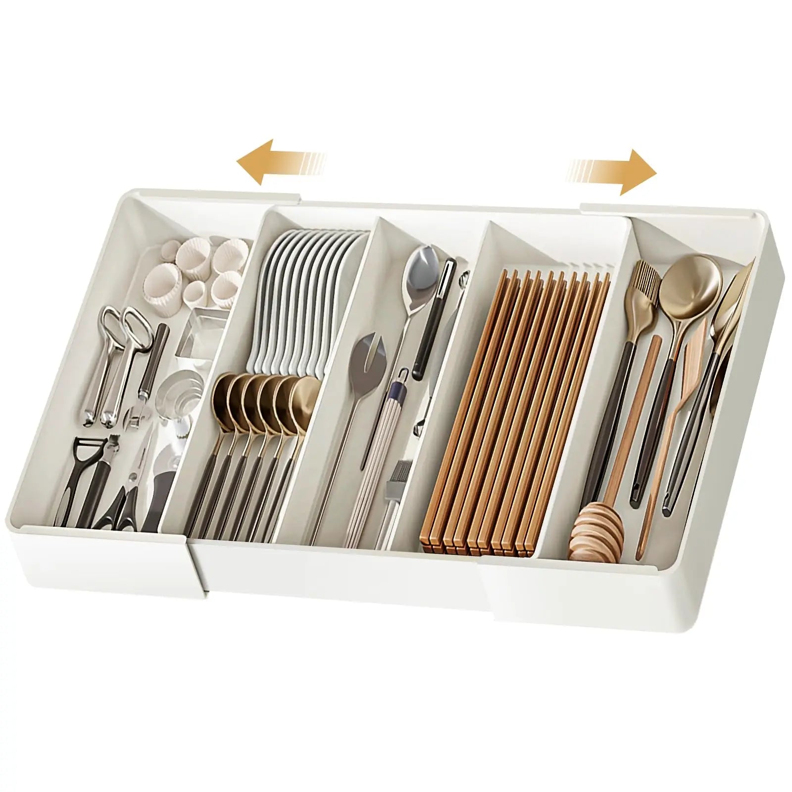 Organizador de cajones, Bandeja de cubiertos para cajón de cocina, Utensilio expandible con compartimento, Soporte para cucharas, tenedores y cuchillos