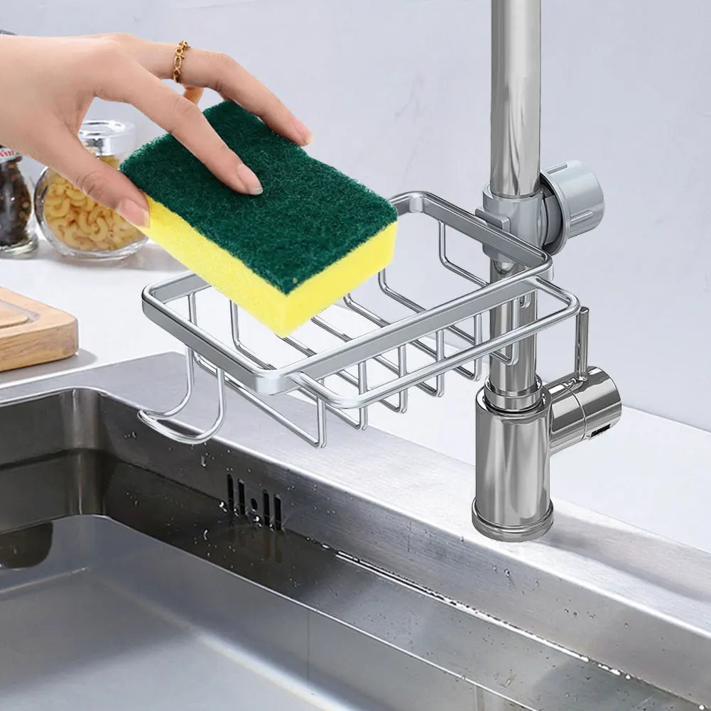 Aluminum Over-the-Faucet Sink Organizer – Sponge, Soap & Brush Holder