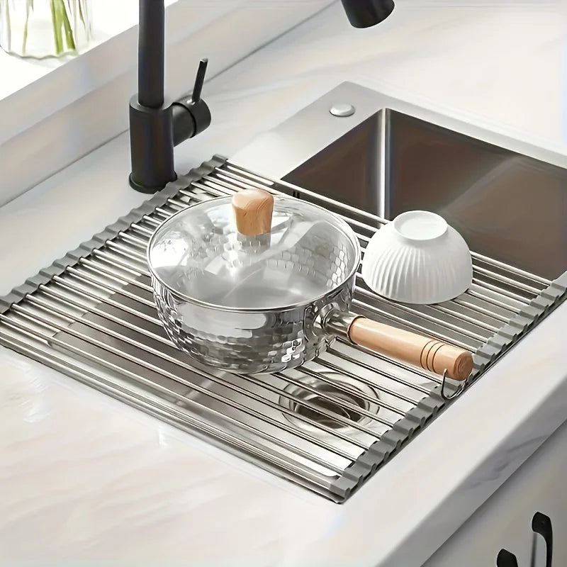 Roll Up Stainless Steel Dish Drying Rack for Kitchen Sink Space Saving Organization