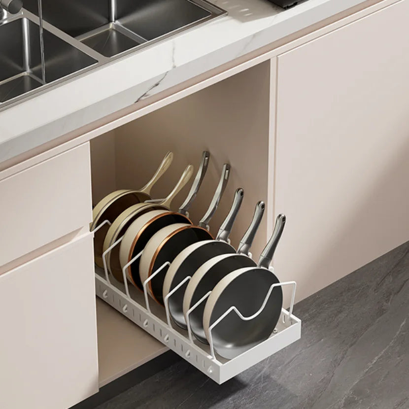 Organizador de ollas y sartenes bajo el gabinete, soporte deslizante para tapas de ollas, estante de almacenamiento de platos y sartenes deslizante y ajustable para cocina