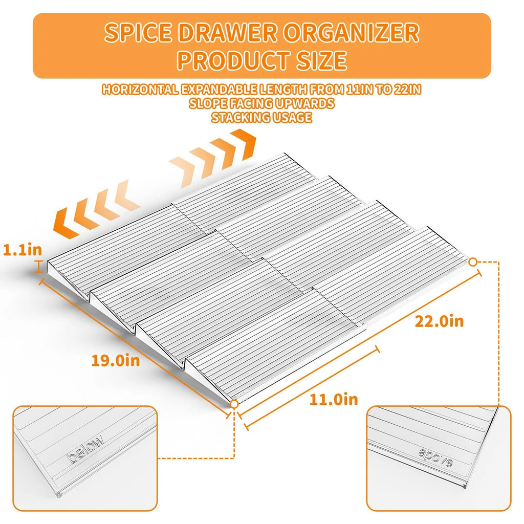 Organizador de cajones para especias extensible de 2 piezas, organizador de cocina de plástico, almacenamiento duradero que ahorra espacio para gabinetes, encimeras