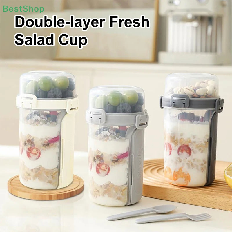 Portable Salad Cup with Fork & Spoon – Double Layer Fresh Keeping Meal Container for Salads, Fruits, Snacks & Yogurt