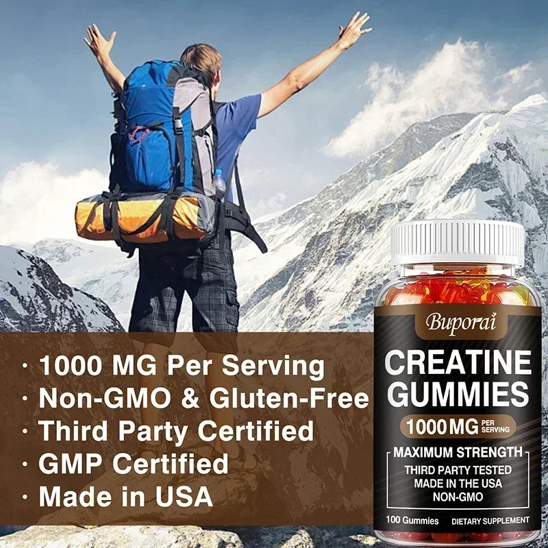Creatine Monohydrate Gummies for Adults – Strawberry Flavor Supplement for Muscle Strength, Workout Performance & Recovery Support