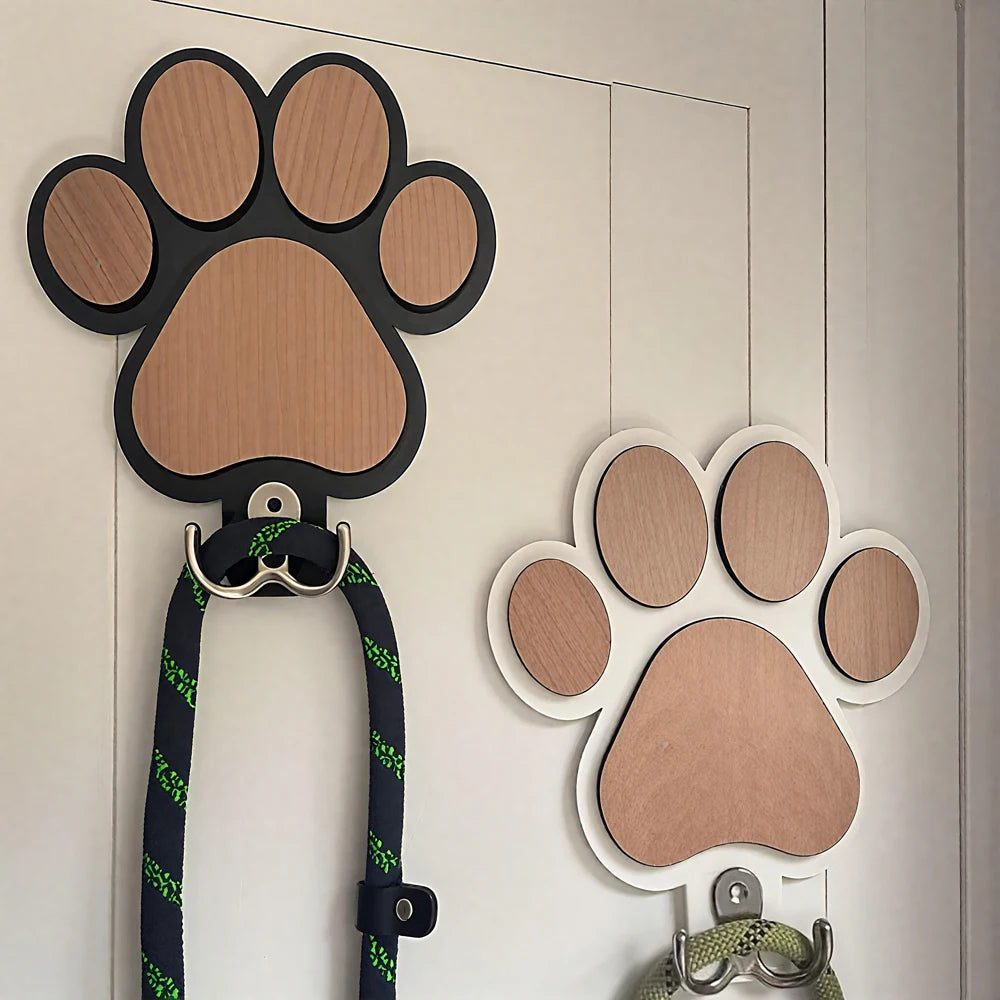 Wooden Dog Leash Holder Wall Hook – Paw Print Organizer for Leashes, Collars, Keys & Coats