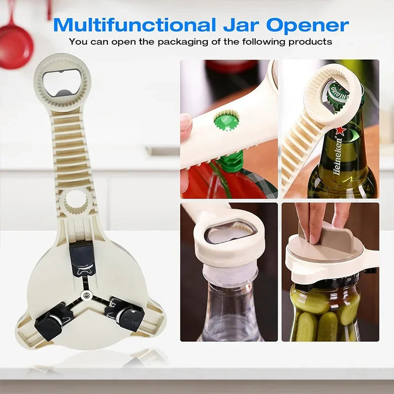 4-in-1 Adjustable Jar Opener with Stainless Steel Grip for Lids, Bottles & Kitchen Use