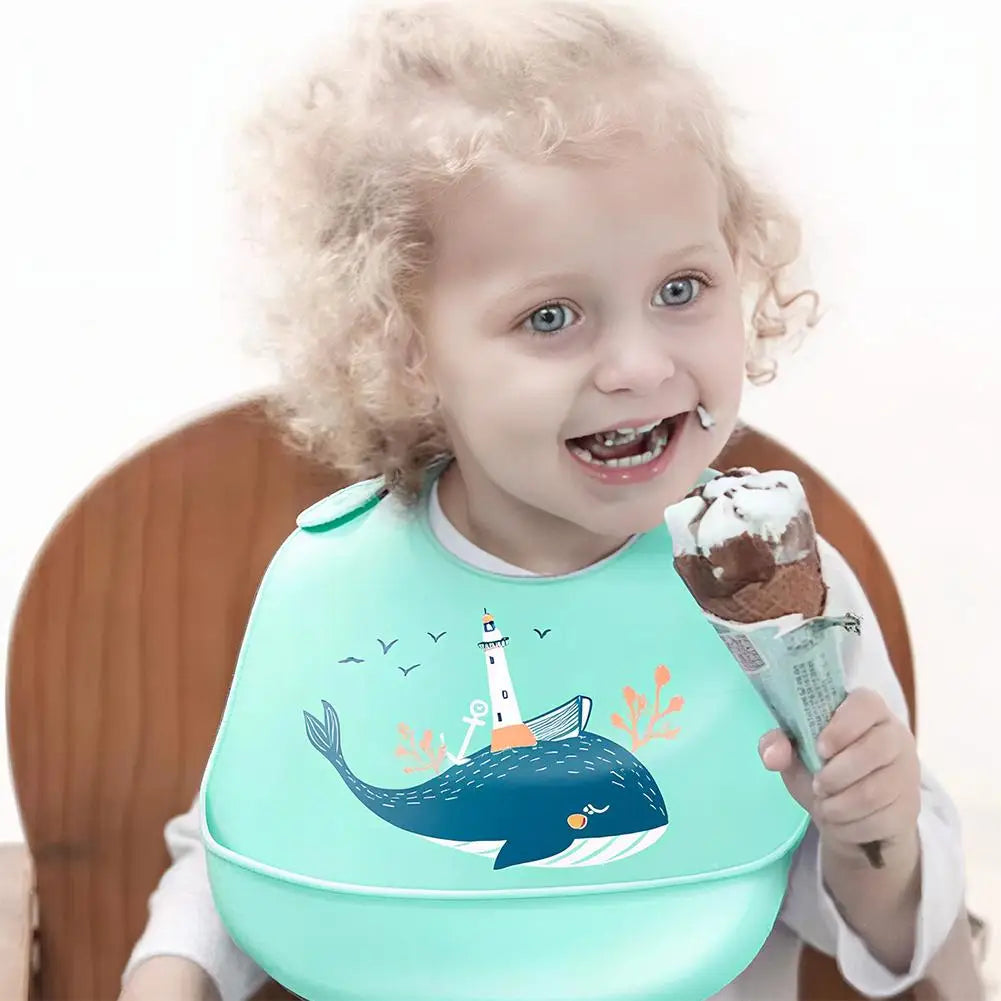 Children Silicone Baby Bib with Large Food Catcher – Waterproof Soft Feeding Bib with Cute Prints for Toddlers 1-3 Years