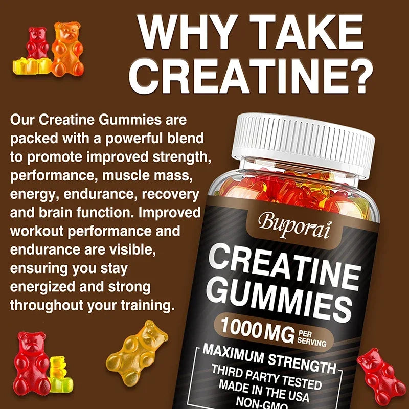 Creatine Monohydrate Gummies for Adults – Strawberry Flavor Supplement for Muscle Strength, Athletic Performance & Workout Support