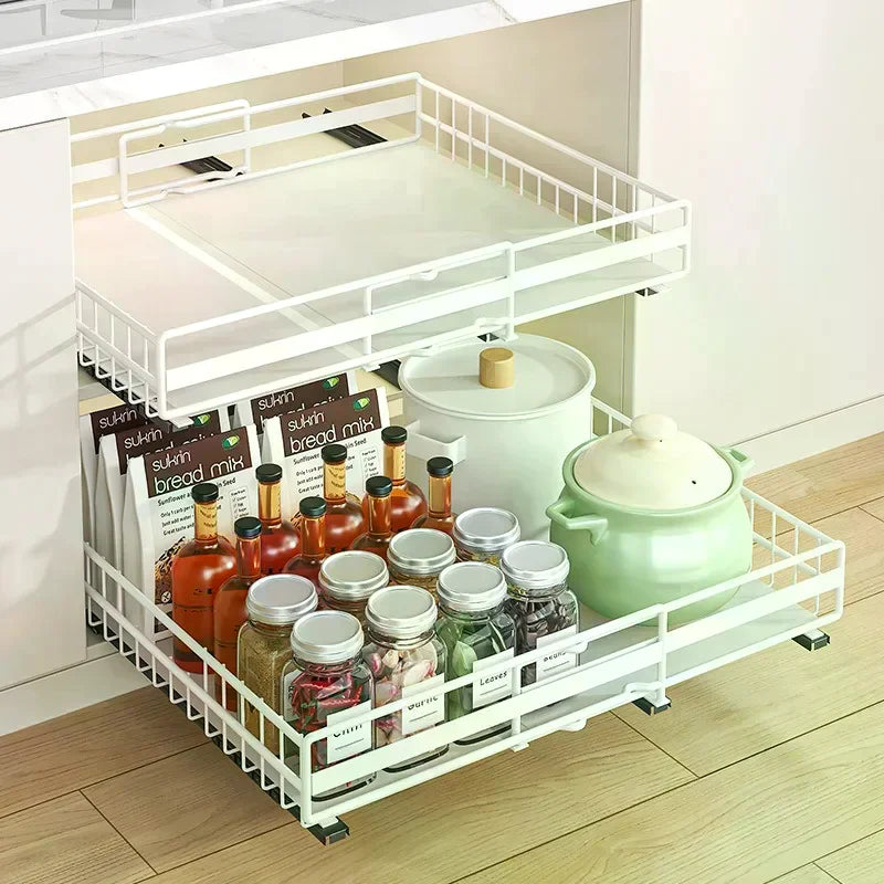 Pots And Pans Organizer Under Cabinet Sliding Pot Lid Storage Holder Kitchen Adjustable Slide Out Dish Pan Storage Rack Shelf