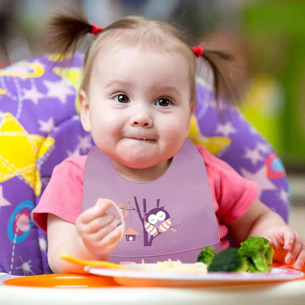Children Silicone Baby Bib with Large Food Catcher – Waterproof Soft Feeding Bib with Cute Prints for Toddlers 1-3 Years