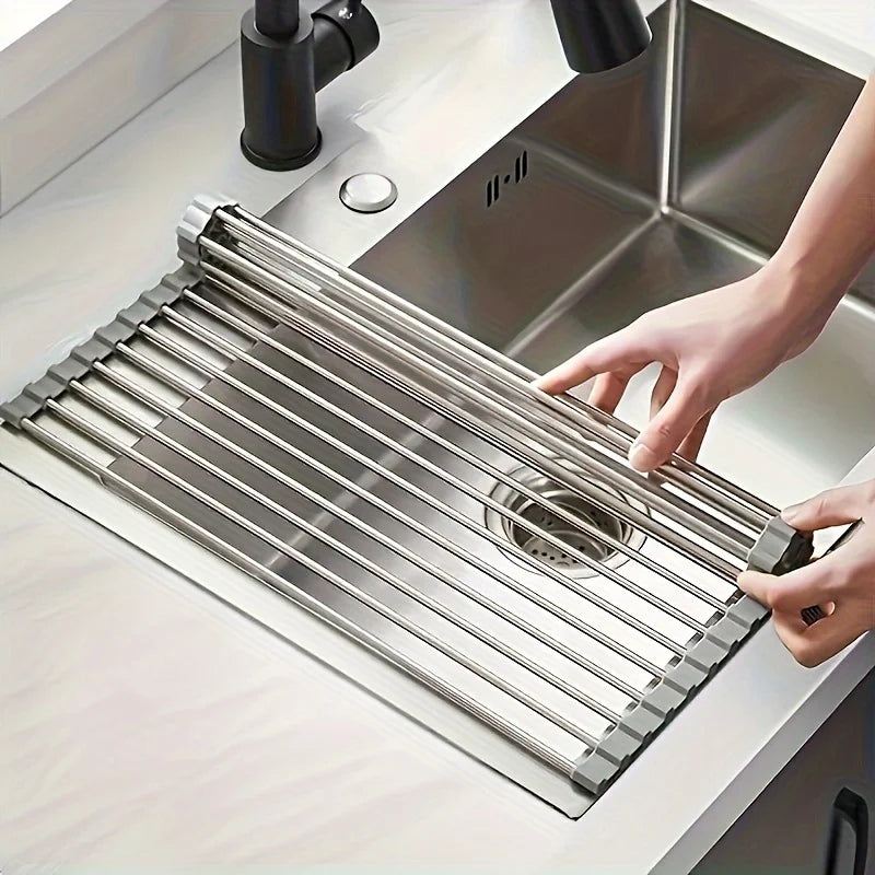 Roll Up Stainless Steel Dish Drying Rack for Kitchen Sink Space Saving Organization