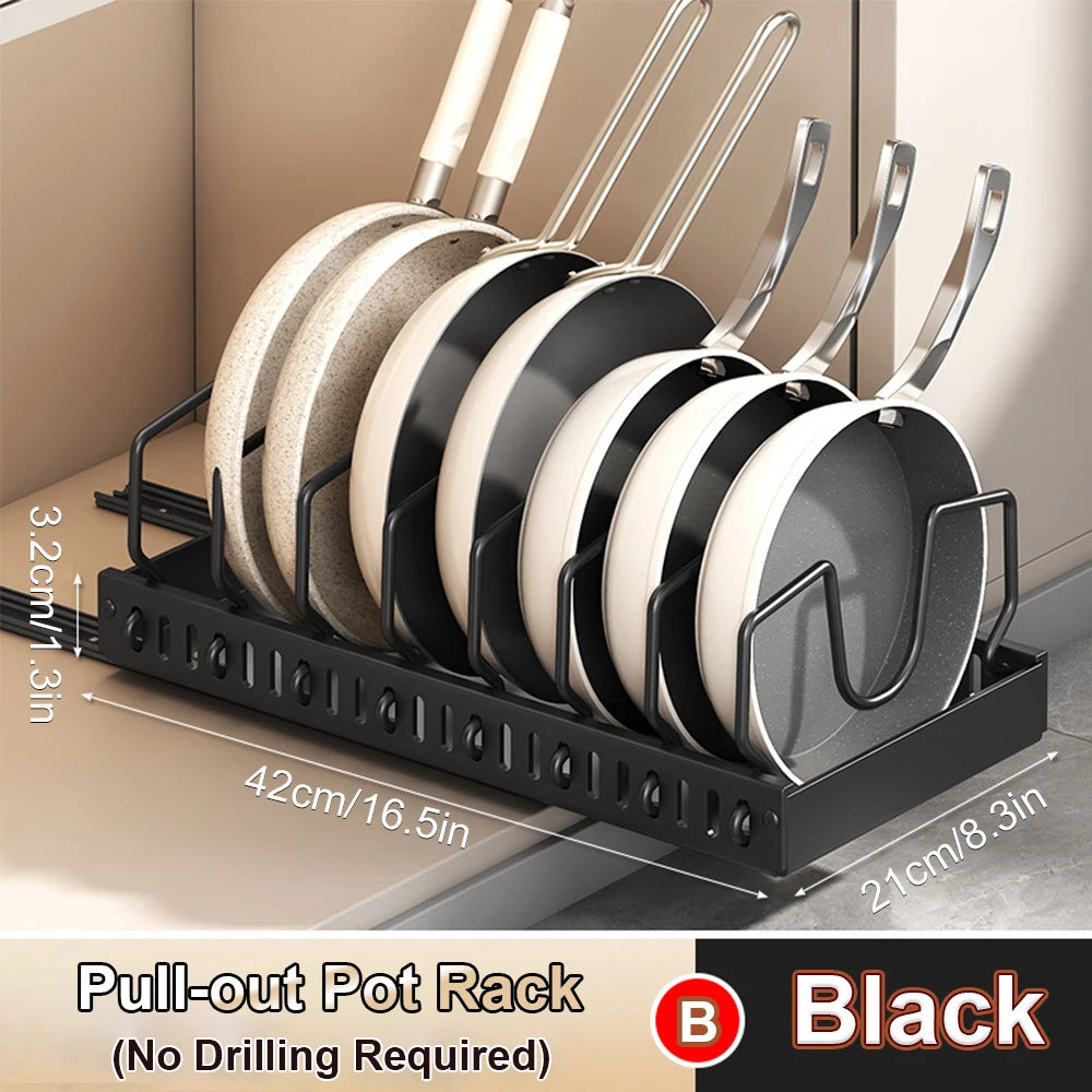 Pull-Out Pots & Pans Organizer for Cabinets – Adjustable Under Cabinet Cookware Storage Rack with 8 Dividers