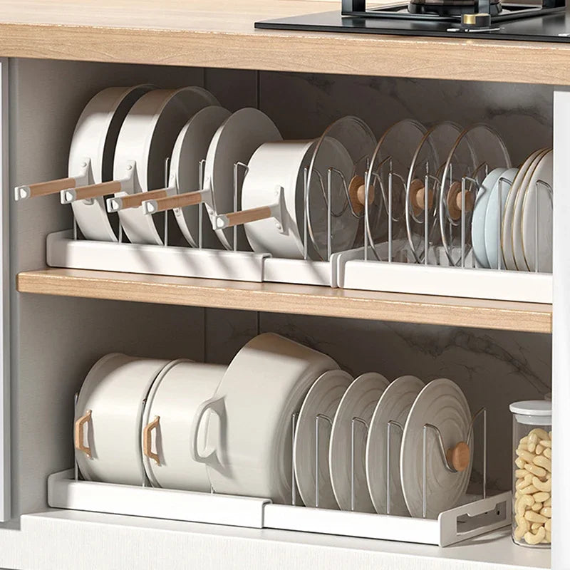 Estante organizador de sartenes expandible con 7 compartimentos ajustables, estante de almacenamiento de platos, organizador de tapas de ollas, soporte de ollas, estante de utensilios de cocina