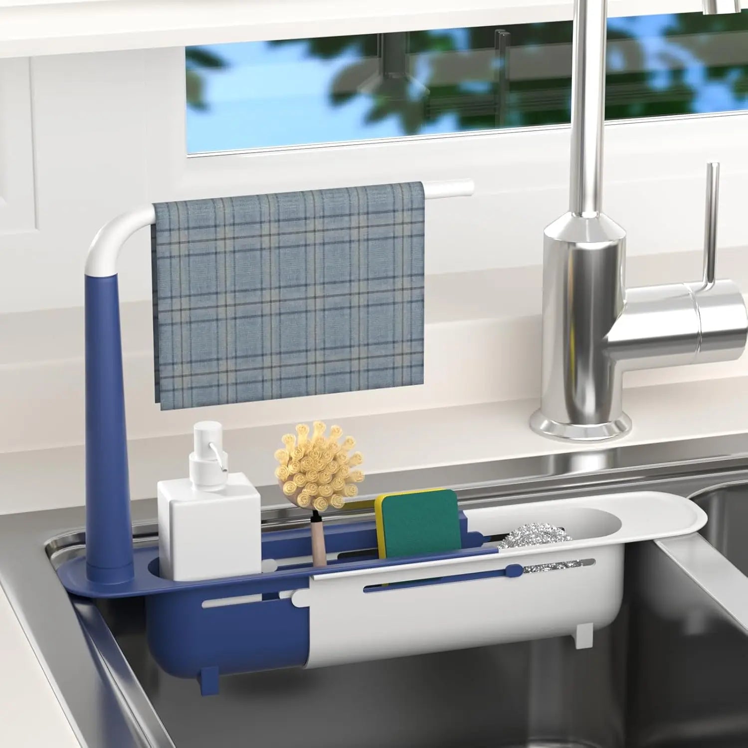 Expandable Sink Organizer Rack with Sponge Holders & Towel Bar