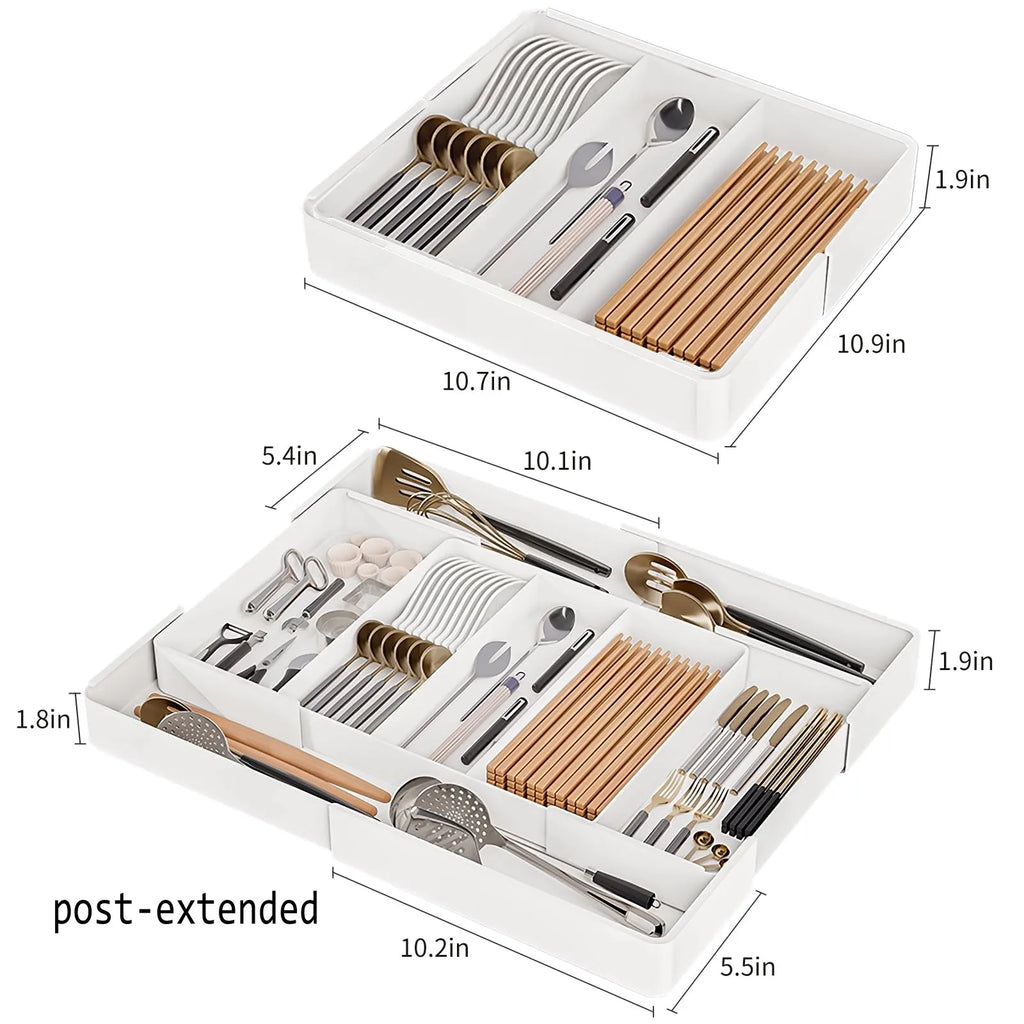 Organizador de cajones, Bandeja de cubiertos para cajón de cocina, Utensilio expandible con compartimento, Soporte para cucharas, tenedores y cuchillos