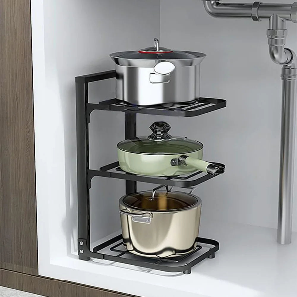 Soporte organizador de ollas y sartenes para debajo del armario, estante resistente para ollas y sartenes debajo del fregadero, organizadores y almacenamiento de utensilios de cocina de altura ajustable