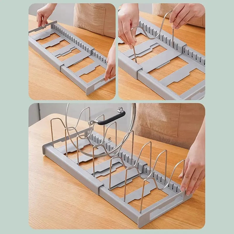 Estante organizador de sartenes expandible con 7 compartimentos ajustables, estante de almacenamiento de platos, organizador de tapas de ollas, soporte de ollas, estante de utensilios de cocina